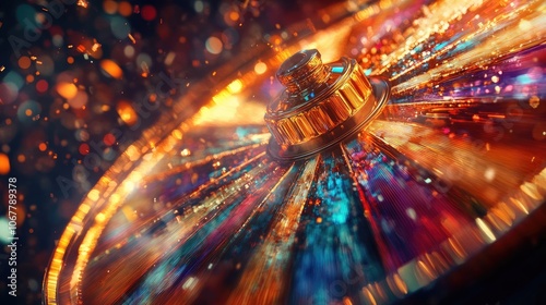 Close up of a golden roulette wheel with colorful lights and bokeh, reflecting a sense of excitement and chance.