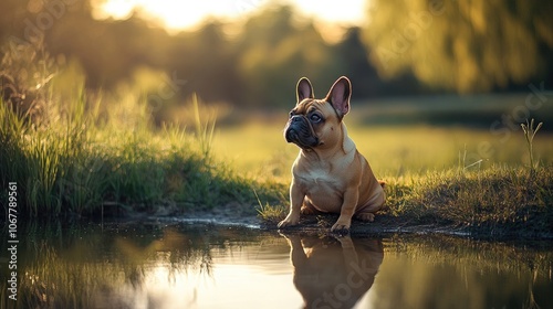A French bulldog sits by the edge of a pond, looking out at the water. The dog is bathed in the warm glow of the setting sun.