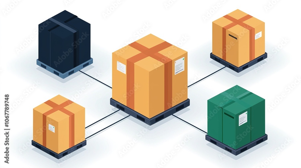 Fototapeta premium A graphic depicting multiple boxes connected by lines, representing inventory management, shipping, or logistics.