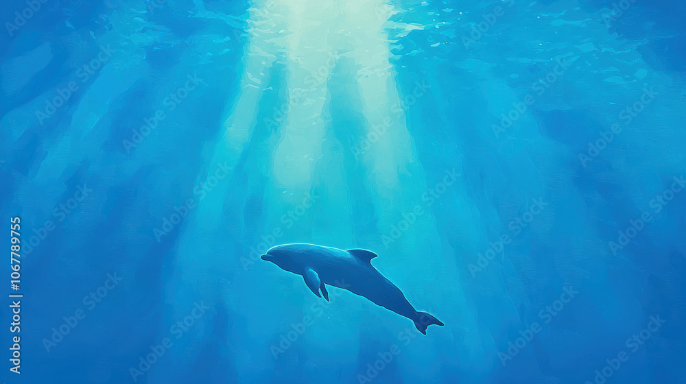 Fototapeta premium A serene underwater scene featuring a dolphin swimming gracefully beneath sunlit waves.
