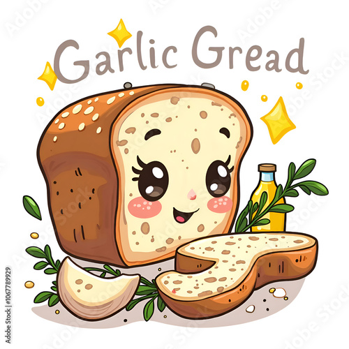 Discover the joy of garlic gread  a whimsical bread character to brighten your day , digital illustration of character design concept. photo