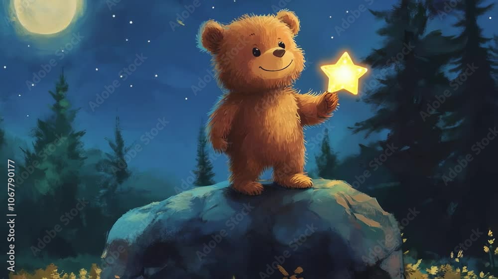 Cute watercolor baby bear on cloud with stars. Illustration for card, sticker, sublimation