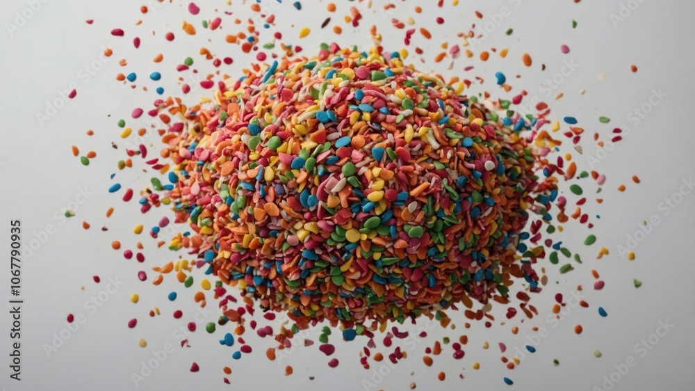 A colorful pile of sprinkles scattered on a surface, ideal for decorating desserts. A colorful pile of sprinkles scattered on a surface, ideal for decorating desserts.