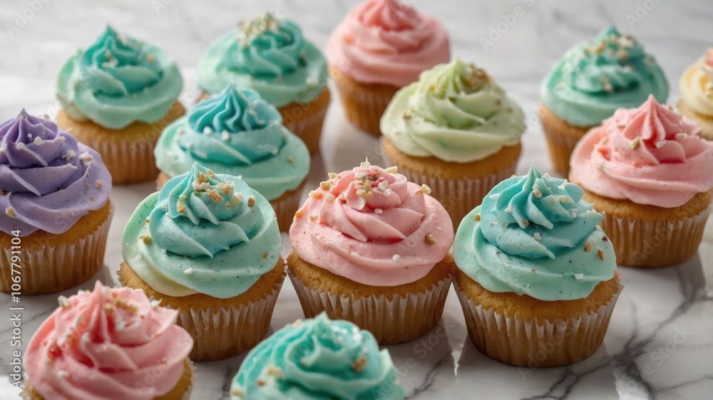A colorful display of cupcakes with swirled frosting and sprinkles on a marble surface. A colorful display of cupcakes with swirled frosting and sprinkles on a marble surface.
