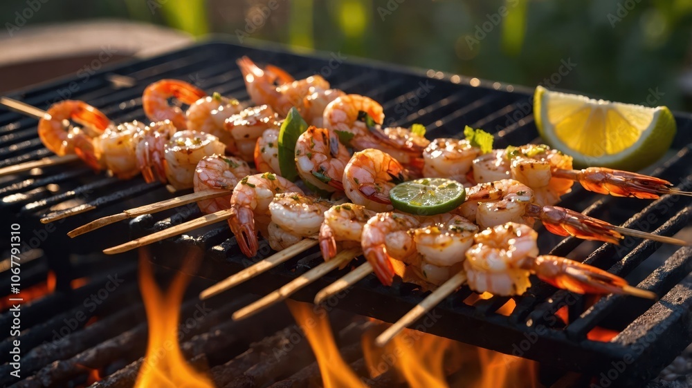 Grilled shrimp skewers with lime on a barbecue, showcasing delicious outdoor cooking. Grilled shrimp skewers with lime on a barbecue, showcasing delicious outdoor cooking.