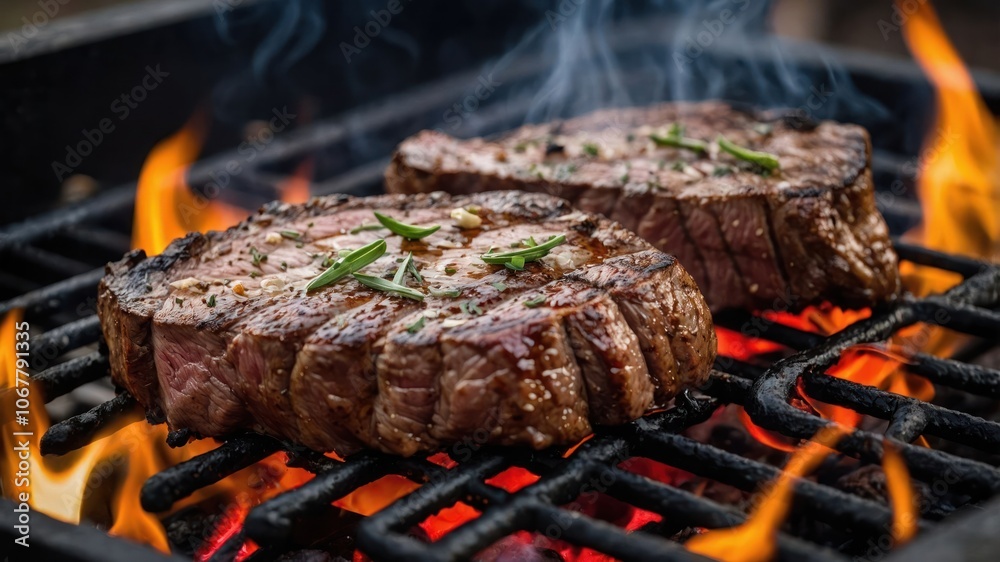 Two steaks grilling over an open flame, emitting smoke and garnished with herbs. Two steaks grilling over an open flame, emitting smoke and garnished with herbs.