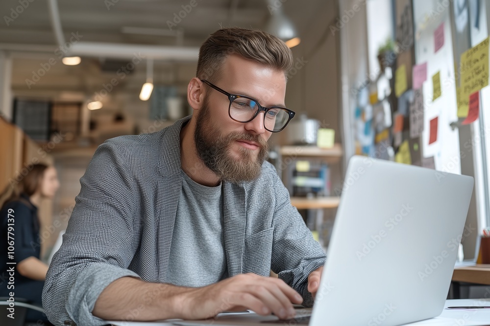 Professional Man Works on Laptop in Modern Office Professional Man Works on Laptop in Modern Office