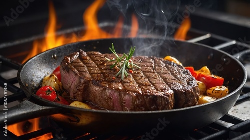 A sizzling steak cooking in a skillet with vegetables and flames. photo