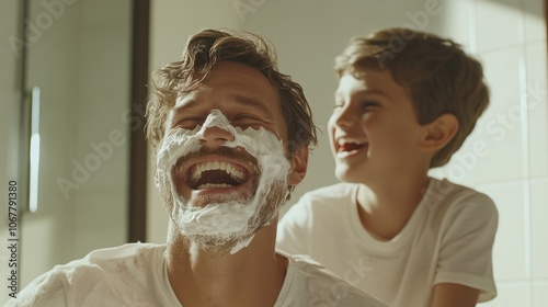 Father and Son Sharing a Laugh During Shaving photo