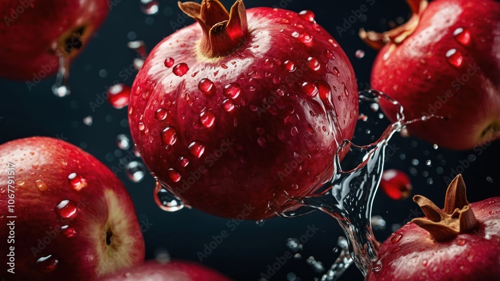 Fresh red apples splashing in water, showcasing their vibrant color and texture. Fresh red apples splashing in water, showcasing their vibrant color and texture.