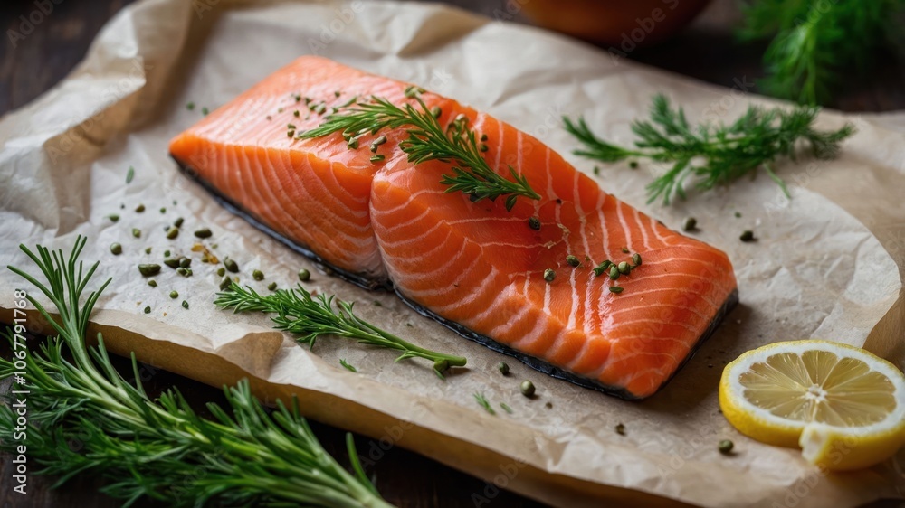 Fresh salmon fillet garnished with herbs and lemon on parchment paper. Fresh salmon fillet garnished with herbs and lemon on parchment paper.
