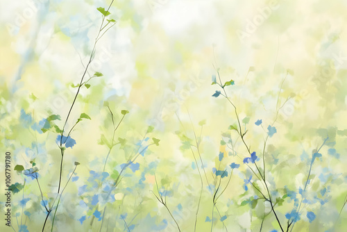 Cute easter egg background image - A soft, abstract depiction of flowers and greenery in a serene, dreamy atmosphere.