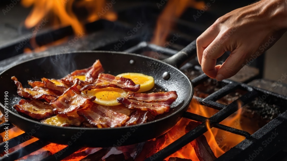 A hand cooks bacon and lemon slices in a skillet over an open flame. A hand cooks bacon and lemon slices in a skillet over an open flame.