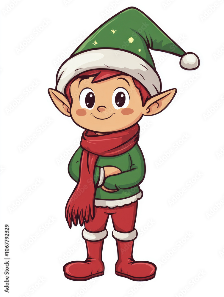 A cheerful cartoon elf wearing a green outfit, red boots, and a red scarf with a green Christmas hat, exudes warmth and festive spirit during the holiday season.