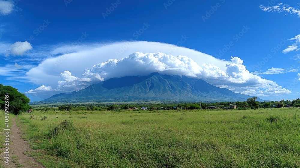 Obraz premium A large cloud formation covers a mountain peak in a savanna landscape.