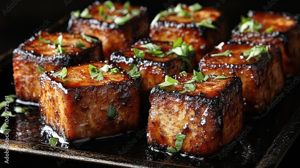Close-up of caramelized tofu cubes with chopped parsley on a black plate. Close-up of caramelized tofu cubes with chopped parsley on a black plate.