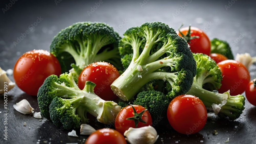 Fresh broccoli and cherry tomatoes arranged on a dark surface, showcasing vibrant vegetables. Fresh broccoli and cherry tomatoes arranged on a dark surface, showcasing vibrant vegetables.