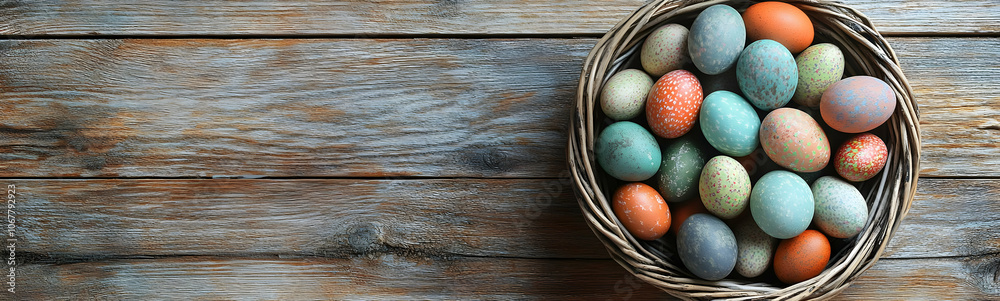 Cute easter egg background image - A woven basket filled with colorful, decorated eggs on a rustic wooden surface. Cute easter egg background image - A woven basket filled with colorful, decorated eggs on a rustic wooden surface.
