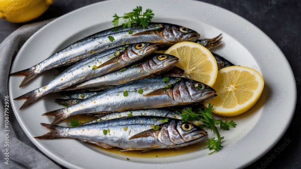 A plate of grilled fish garnished with lemon slices and herbs. A plate of grilled fish garnished with lemon slices and herbs.