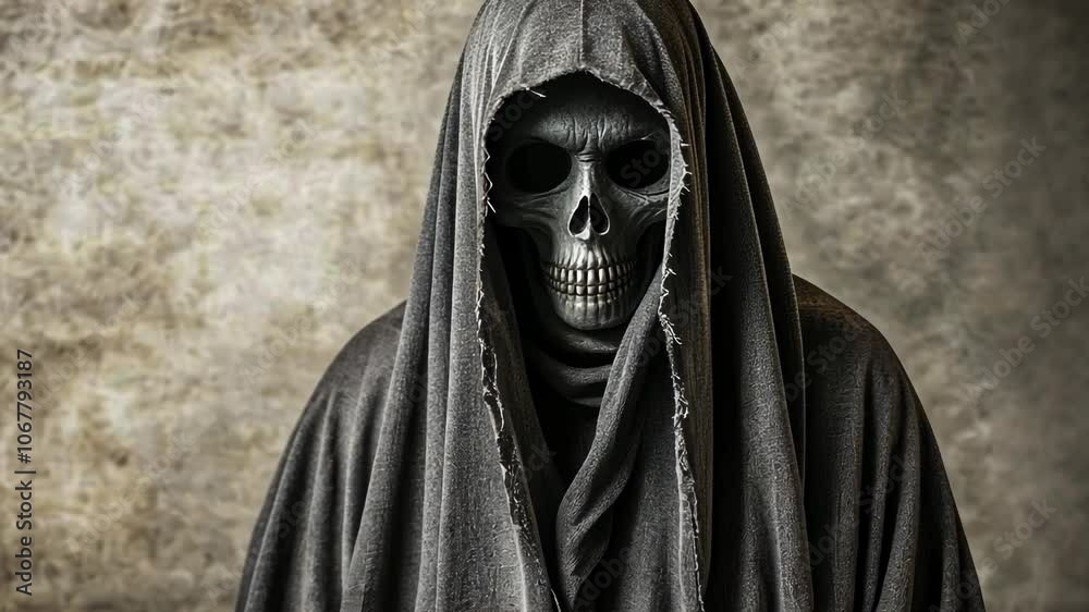 A figure in a dark robe and skull mask stands in front of a textured background