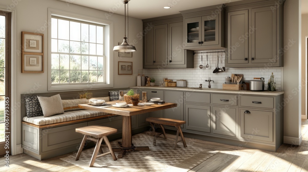 Fototapeta premium Rustic Kitchen with a Built-in Bench and Wooden Table