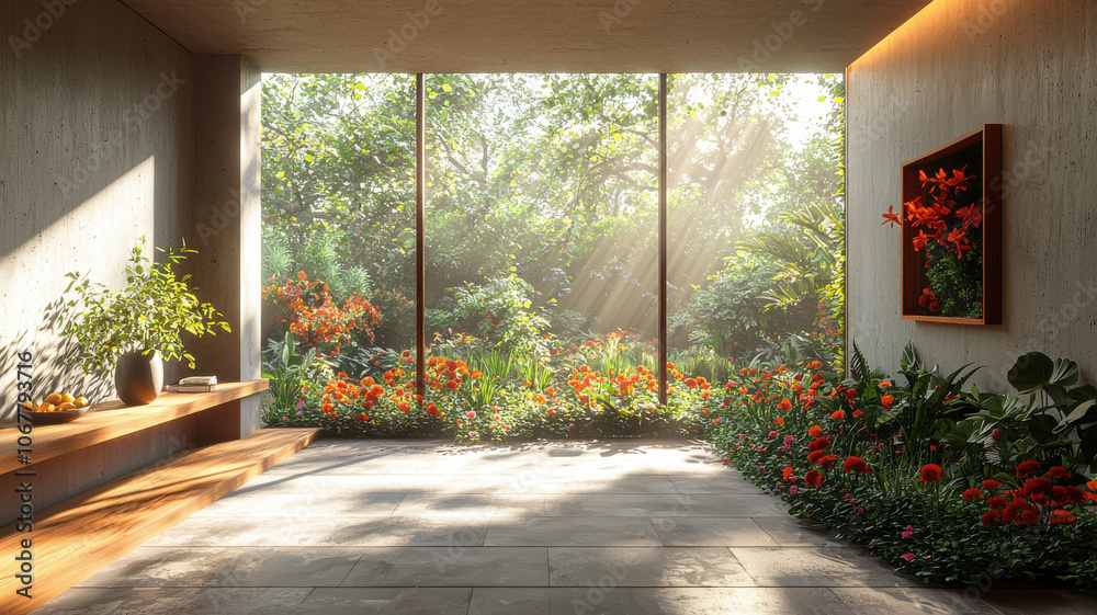 serene indoor space with vibrant flowers and soft light serene indoor space with vibrant flowers and soft light