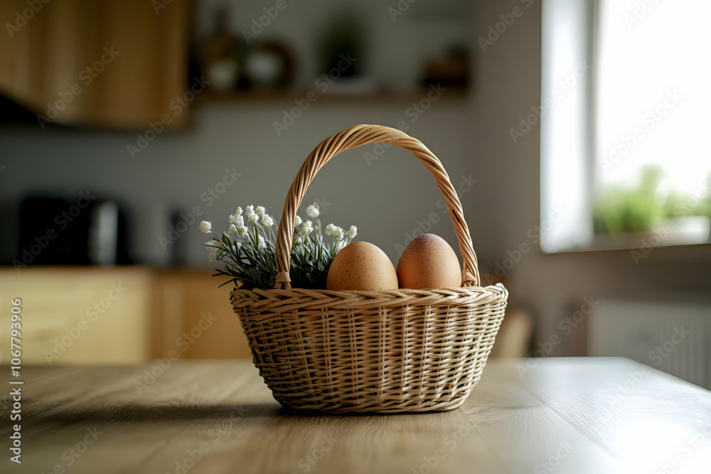 Cute easter egg background image - A wicker basket with two eggs and decorative greenery on a wooden table in a cozy kitchen. Cute easter egg background image - A wicker basket with two eggs and decorative greenery on a wooden table in a cozy kitchen.