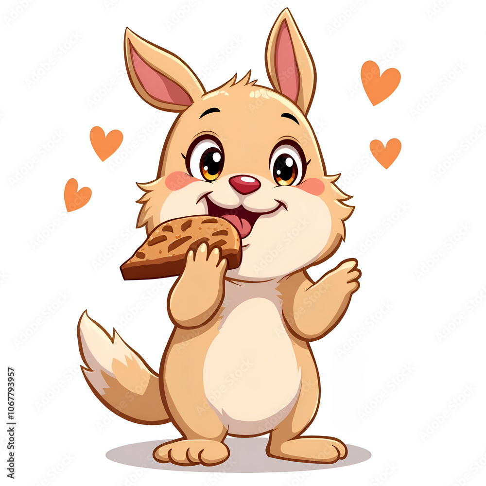 A happy bunny enjoys a delicious cookie while spreading joy and love, digital illustration of character design concept.
