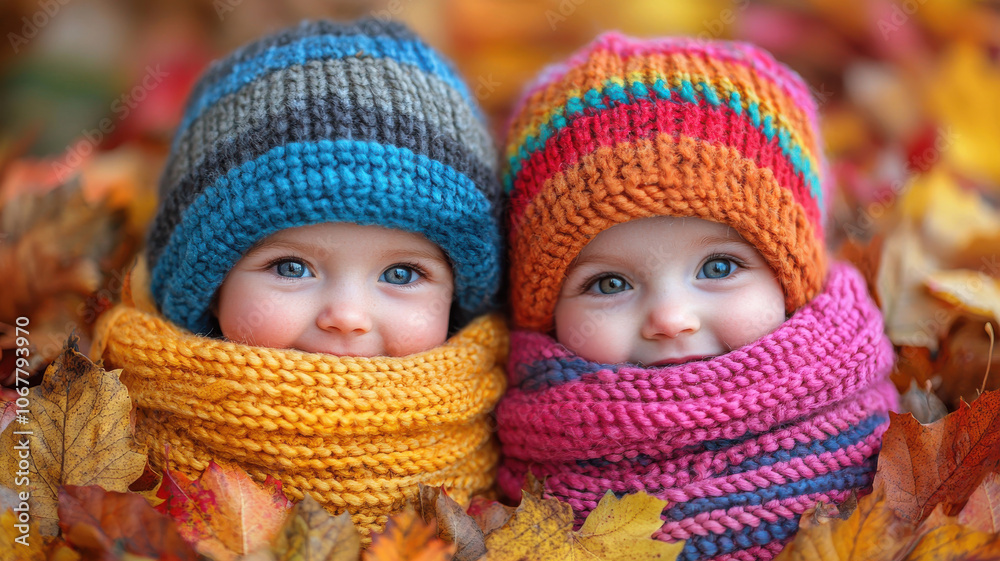 Cozy children in colorful hats and scarves surrounded by autumn leaves Cozy children in colorful hats and scarves surrounded by autumn leaves