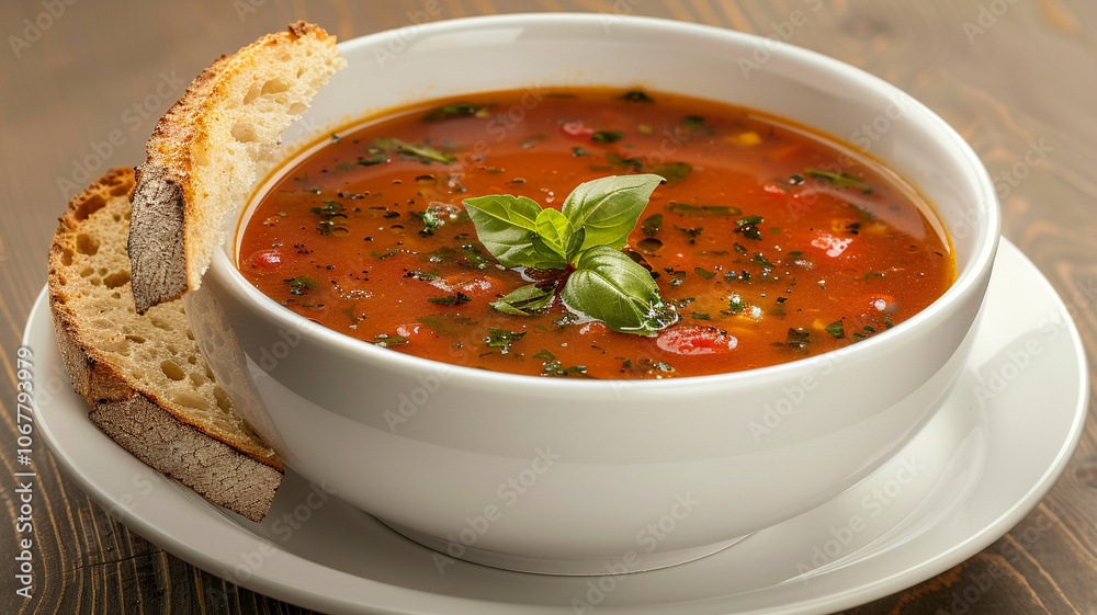 A delicious serving of pappa al pomodoro, showcasing a flavorful tomato and bread soup enhanced with fresh basil for added aroma