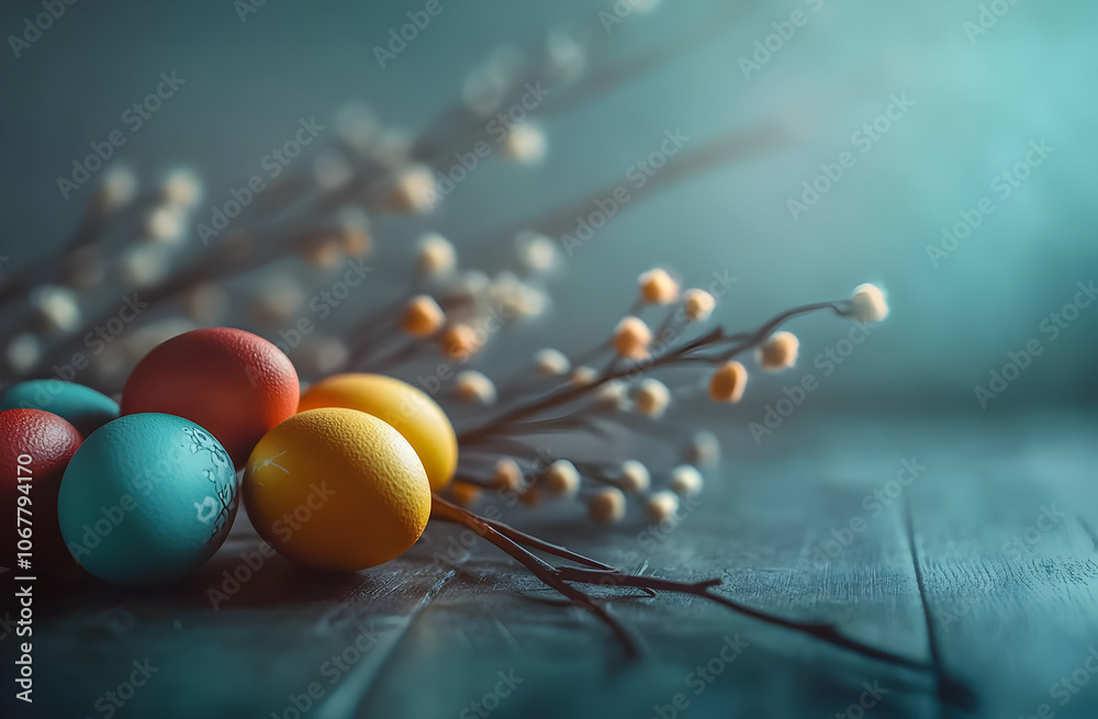 Cute easter egg background image - Colorful Easter eggs arranged with twigs, creating a festive spring atmosphere.