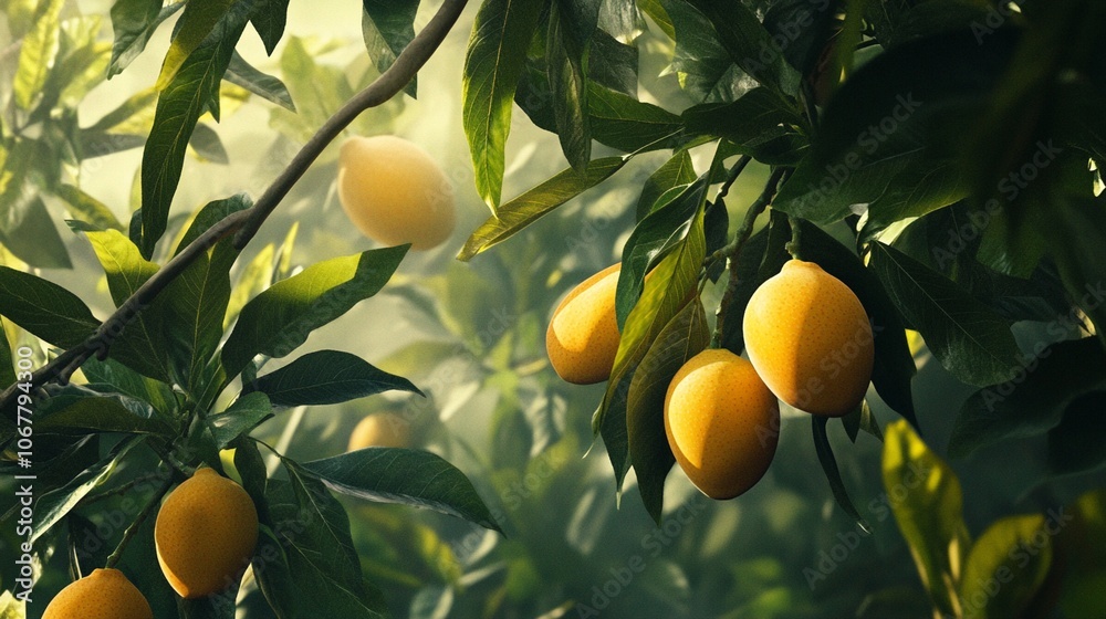 Sun-kissed lemons hang ripe and golden on verdant branches, their vibrant hue contrasting beautifully with lush green leaves in a serene orchard setting. Sun-kissed lemons hang ripe and golden on verdant branches, their vibrant hue contrasting beautifully with lush green leaves in a serene orchard setting.