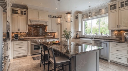 Modern Kitchen with Island, White Cabinets, and Pendant Lights