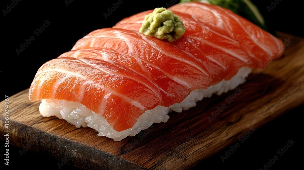 Close-up of fresh salmon nigiri sushi on a wooden board. Close-up of fresh salmon nigiri sushi on a wooden board.