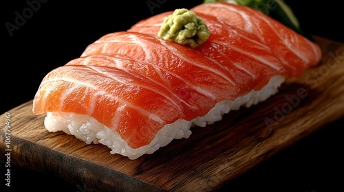 Close-up of fresh salmon nigiri sushi on a wooden board.