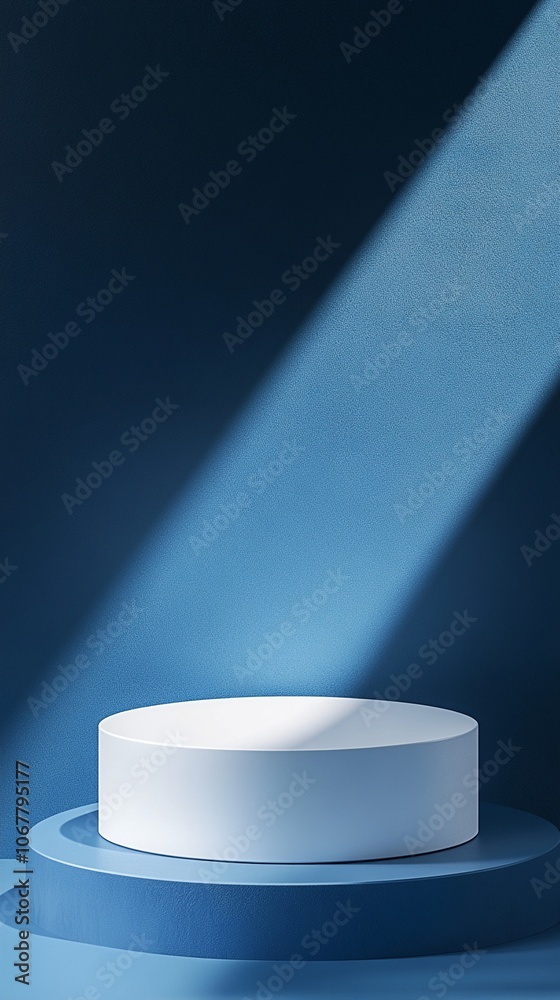Fototapeta premium Minimalist product display featuring a white cylindrical podium on a blue circular base, illuminated by a dramatic diagonal beam of light.