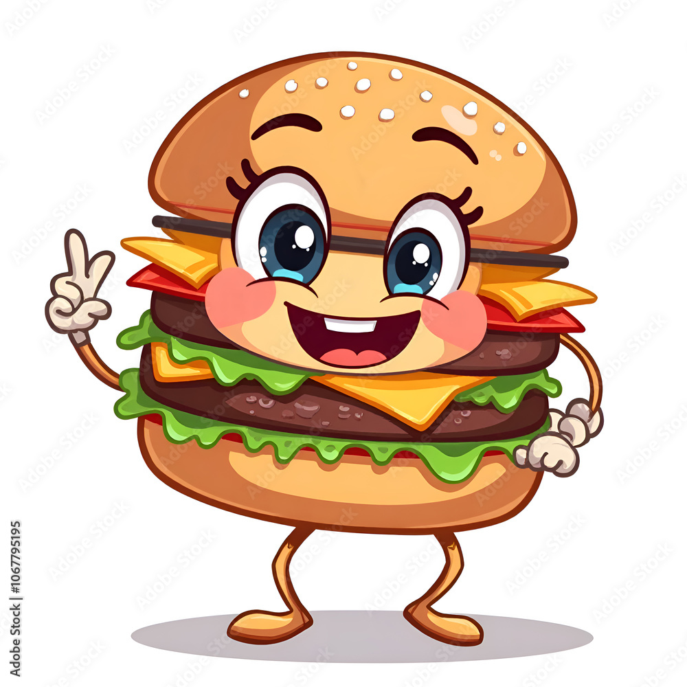 A friendly and joyful burger character spreading happiness through deliciousness, digital illustration of character design concept.