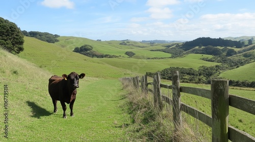 Wallpaper Mural A lone cow standing near a wooden fence, with rolling hills and farmland stretching into the distance. Torontodigital.ca