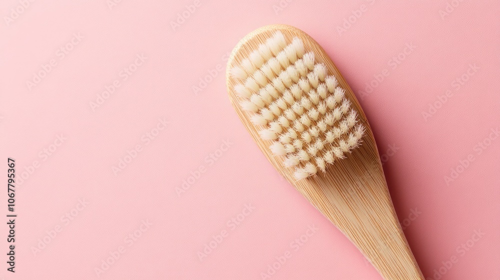 Wooden bath brush with soft bristles on pink background Wooden bath brush with soft bristles on pink background