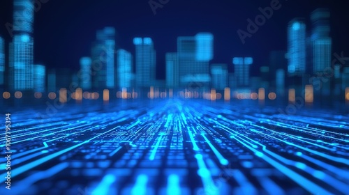 A futuristic cityscape featuring glowing blue lines and circuit-like patterns, symbolizing technology and digital connectivity.