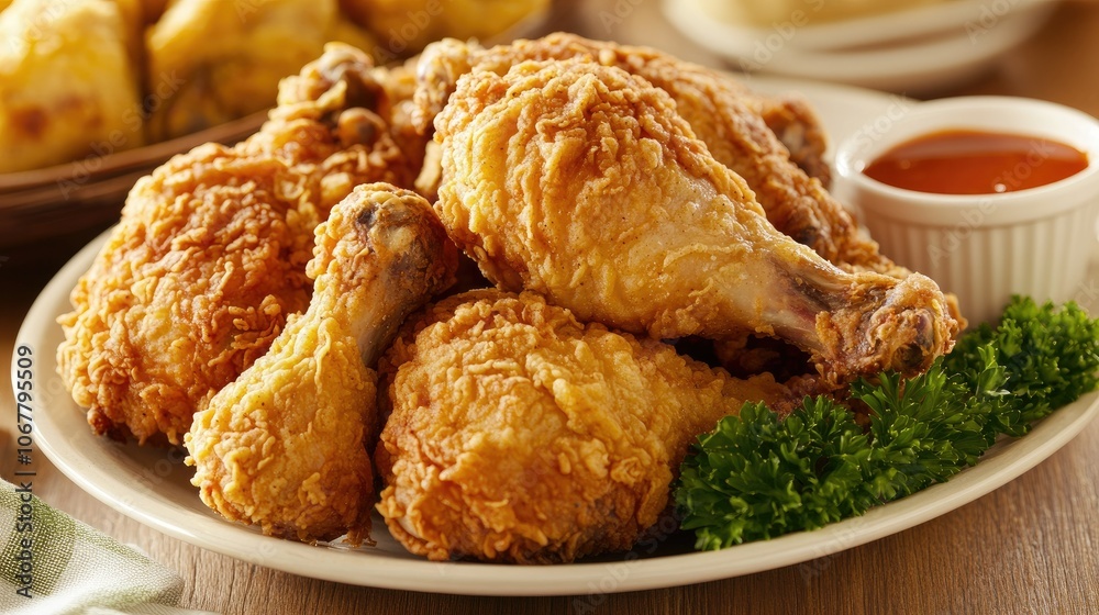 A plate of crispy fried chicken served with dipping sauce, garnished with parsley on a wooden table. A plate of crispy fried chicken served with dipping sauce, garnished with parsley on a wooden table.