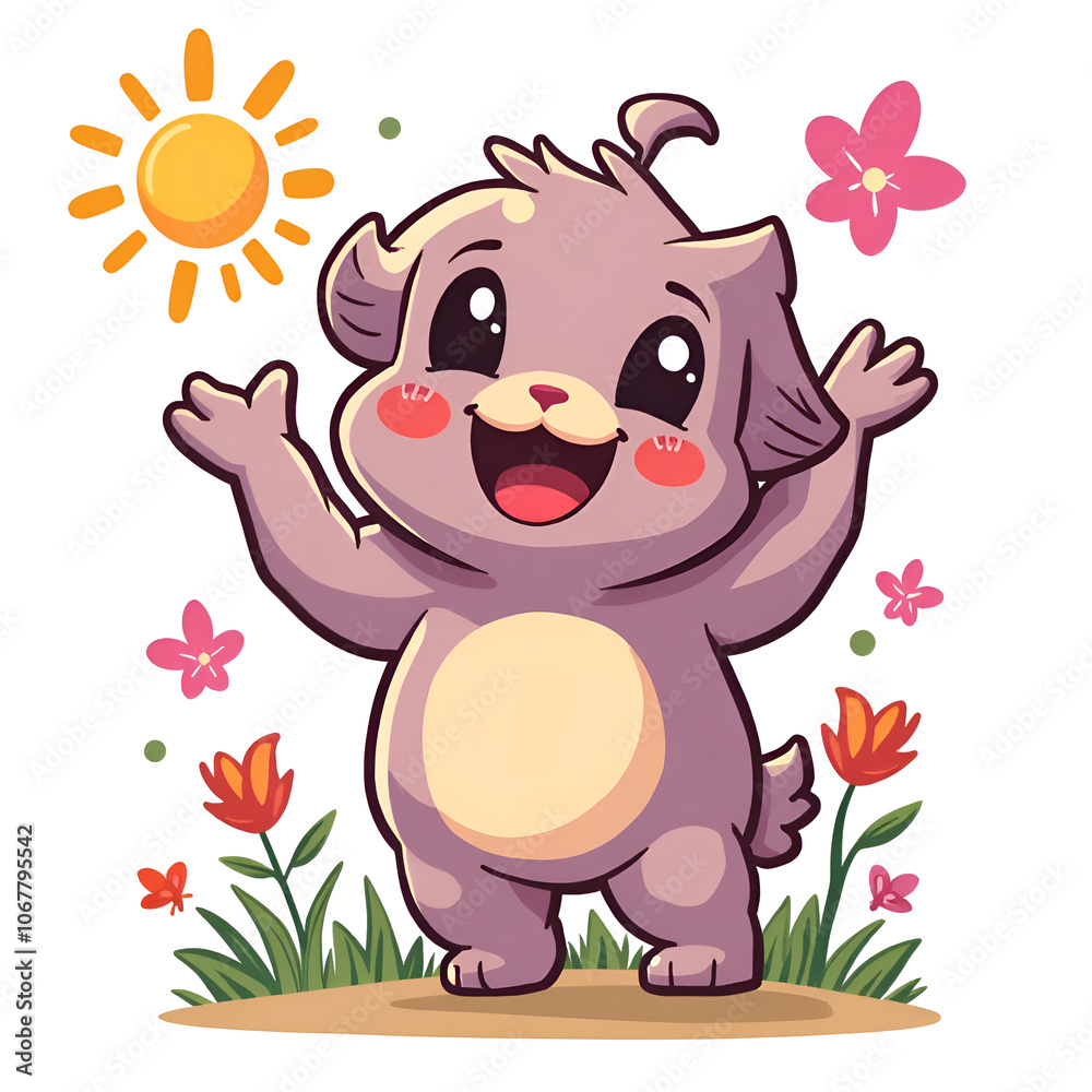 Obraz premium Celebrate every day with joy and happiness like this cheerful pup in a colorful garden , digital illustration of cute character design concept.