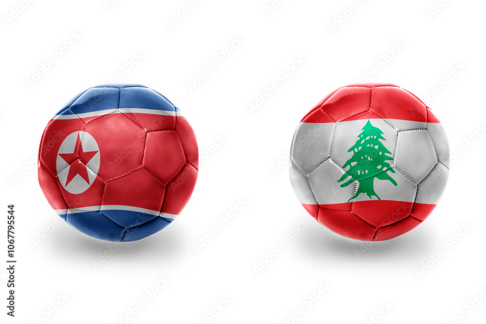 Obraz premium football balls with national flags of lebanon and north korea ,soccer teams. on the white background.