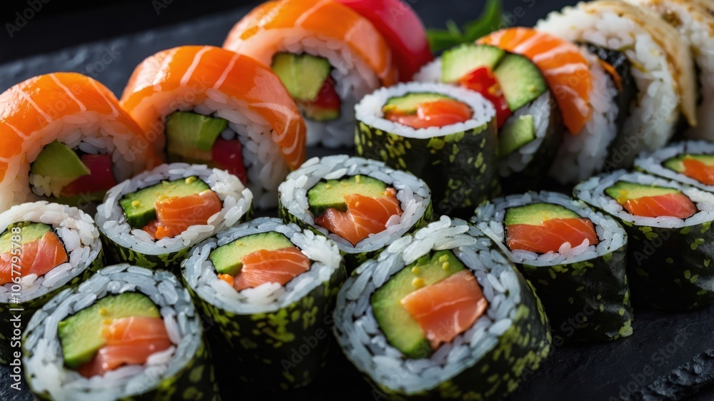 A vibrant assortment of sushi rolls featuring salmon, avocado, and colorful toppings. A vibrant assortment of sushi rolls featuring salmon, avocado, and colorful toppings.