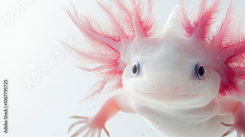 A close-up of a smiling axolotl with pink gills in water. photo