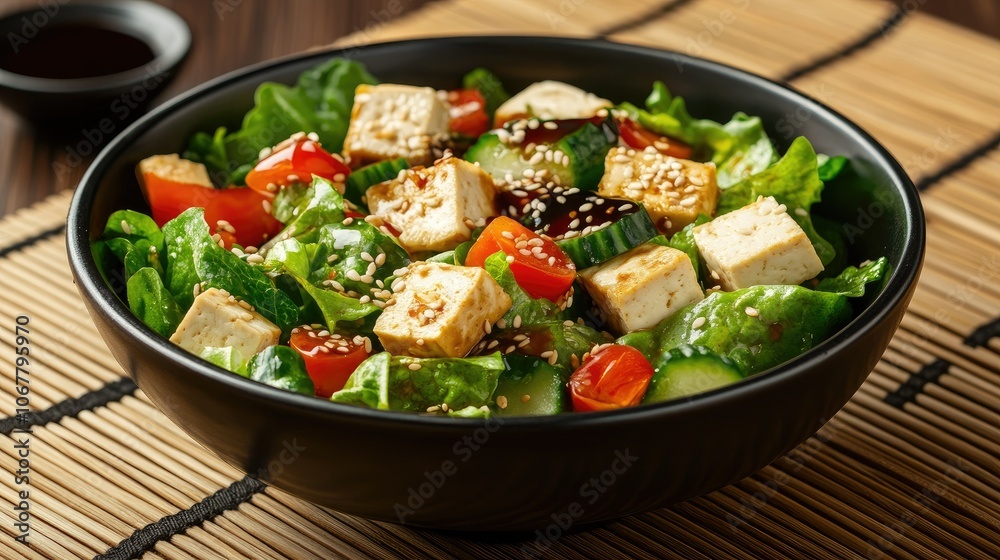 A tofu salad bowl with mixed vegetables, sesame seeds, and a light drizzle of soy sauce on a bamboo mat background. A tofu salad bowl with mixed vegetables, sesame seeds, and a light drizzle of soy sauce on a bamboo mat background.