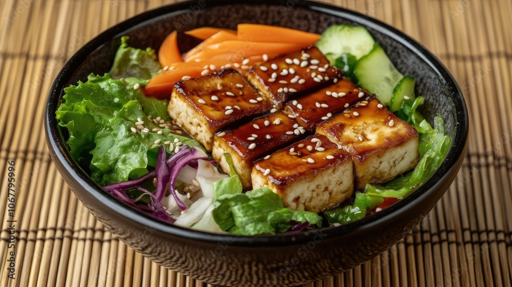 A tofu salad bowl with mixed vegetables, sesame seeds, and a light drizzle of soy sauce on a bamboo mat background. A tofu salad bowl with mixed vegetables, sesame seeds, and a light drizzle of soy sauce on a bamboo mat background.