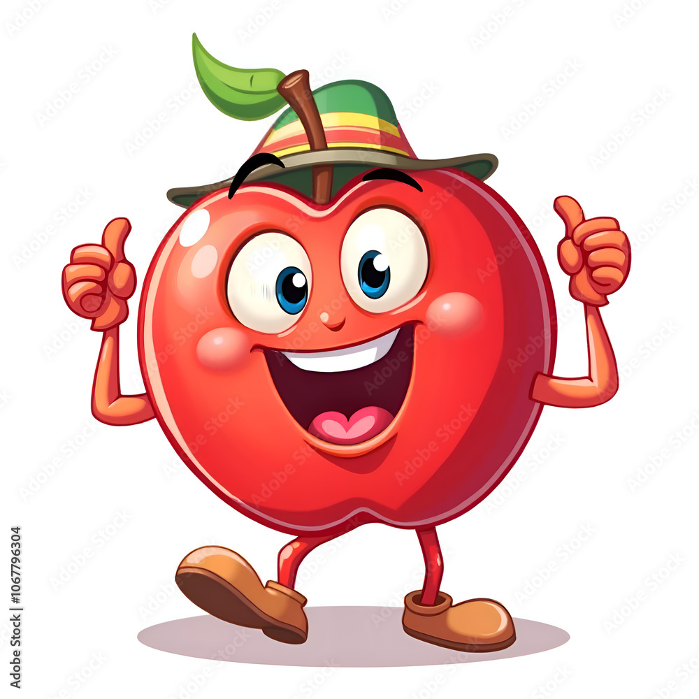 Fototapeta premium Embrace joy with a happy apple character spreading positivity and fun, digital illustration of cartoon character design concept.