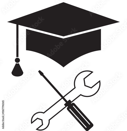 An illustration icon of a graduation cap and mechanical tools, including a wrench and screwdriver