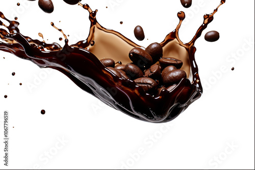 Dynamic image of coffee beans splashing in a wave of dark and light liquid, isolated on a transparent background. Perfect for beverage and coffee-related designs.